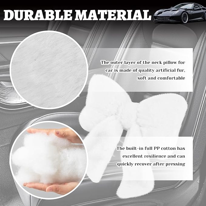 Furry Bow Car Headrest Pillow,Soft & Comfortable Car Neck Pillow for Cars Decorations & Fatigue Relief,Universal Head Rest Pillows for Cars Interior Accessories for Trucks,SUVs (White)