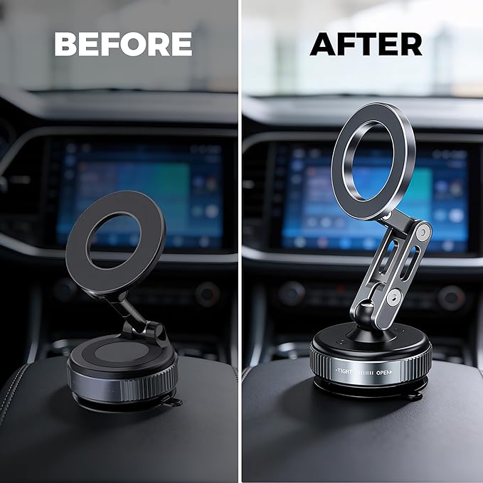 Vacuum Magnetic Phone Holder for Car 360° Adjustable Magsafe Car Mount - Compatible All Smart Device Phone Mount, Secure GPS & Call, Magsafe Accessories & Car Stuff - Black