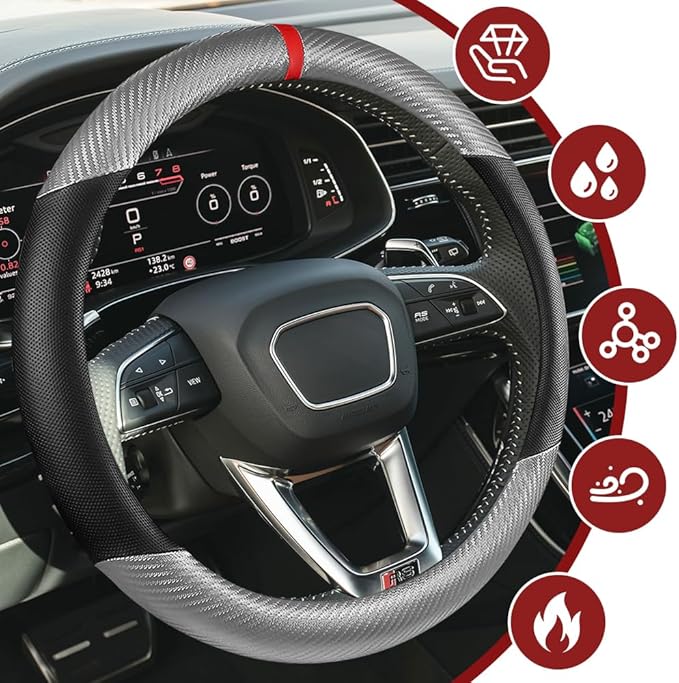 Car Steering Wheel Cover, Steering Wheel Accessories, 15 Inch Microfiber Leather Carbon Fiber Soft Anti-Slip Breathable, Car Accessories Elastic Non-Slip Cover for Most Vehicles (Gray Silver)