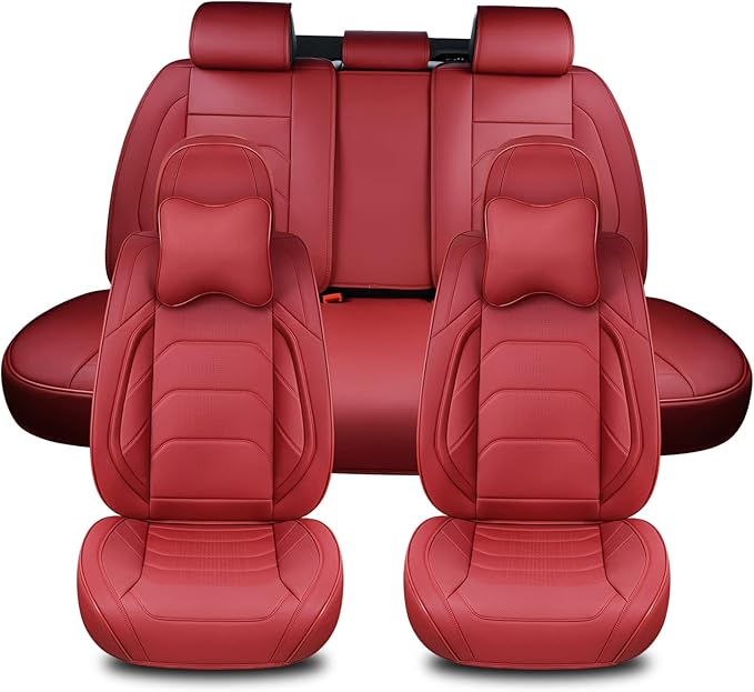 Martha Red Car Seat Covers Full Set, Breathable Leather Automotive Front and Rear Seat Covers & Headrest for Comfortable Driving, Universal Auto Interior Fit for Most Kinds of Vehicles, Cars