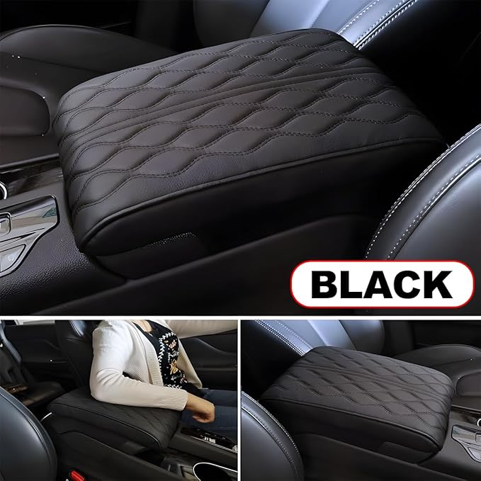 Car Center Console Cover, Leather Waterproof Vehicle Armrest Box Pad, Memory Cotton Comfortable Automotive Interior Seat Box Cushion Protector Accessories, Universal for Most Cars (Black)