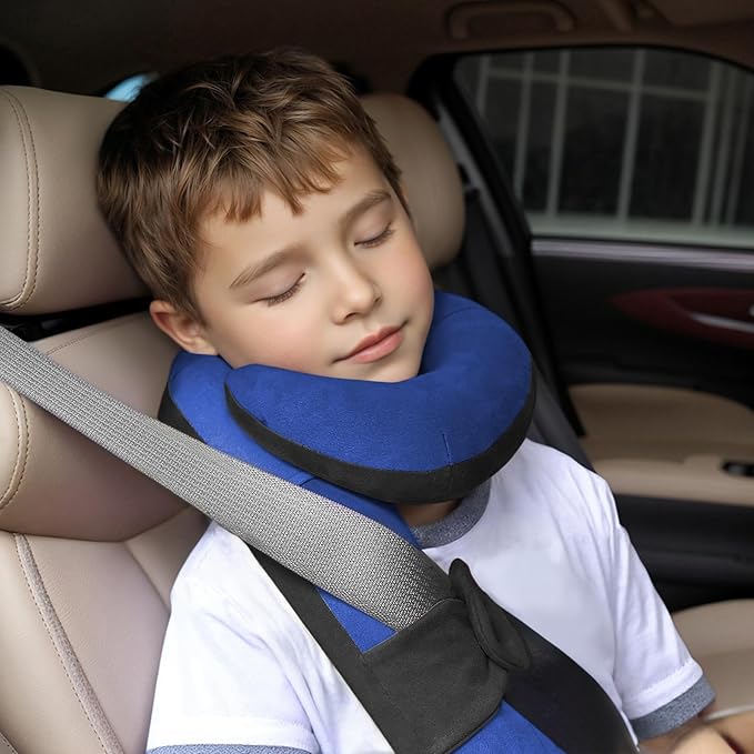 Kids Travel Neck Pillow, Toddler Travel Pillow for Car & Airplane and Head & Chin Support, Comfortably Travel Neck Pillow for Road Trip Sleeping, Gifts for Toddler/Child/Kids (Black & Light Blue)