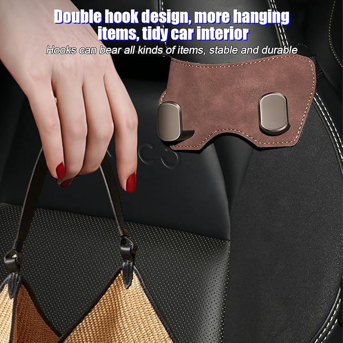 Car Headrest Hook, 2PCS Suede Vehicle Back Seat Storage Hanger with Double Metal Hook, Automotive Seatback Organizer for Purse Handbag Coat, Compatible with Most Sport Seat (Brown)