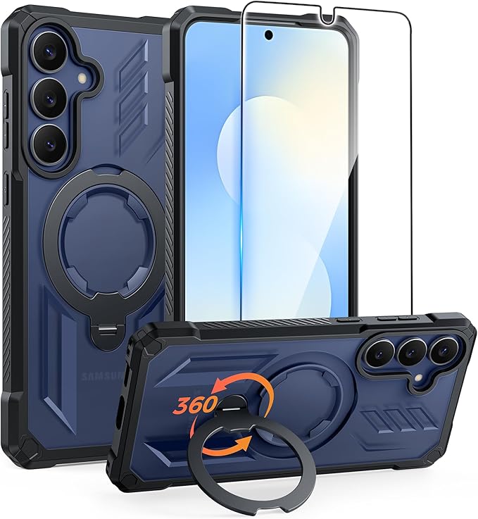 FNTCASE for Samsung Galaxy S25-FE Case: with [Magnetic Ring Kickstand] [Screen Protector] [Compatible with MagSafe] [Military-Grade Drop Protection] Heavy Duty Full Body Cover Translucent Black