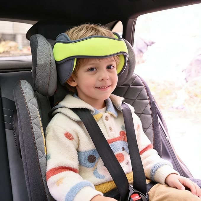 Child Car Seat Head Support Band, Adjustable Child Head Band Strap Headrest for Kids, Breathable, Safety Head & Neck Pillow Support - A Comfortable Sleep Solution, Grey & Fluorescent Green