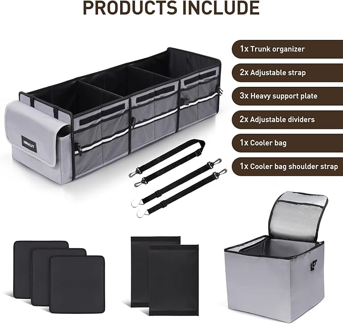 HIRALIY 4 in 1 Car Trunk Storage Organizer with Leakproof Cooler Bag, Multi-Compartment Foldable Trunk Storage Box for Car Truck SUV Gray