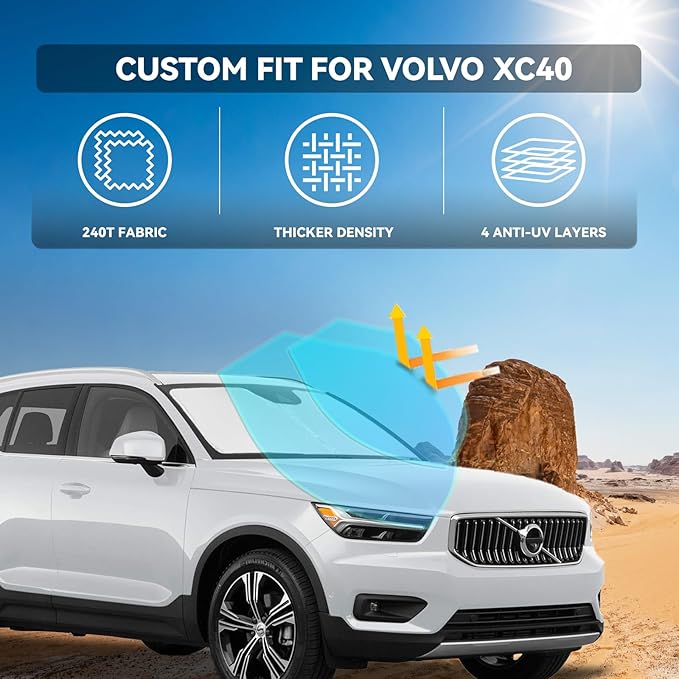 for Volvo XC40 2019-2025 2026 Windshield Sun Shade - 4 Layers Car Sunshades for Front Windows Shade Cover Custom Fit XC40 Sun Visor 250T Retractable Shade Blocks UV Rays Car Accessories