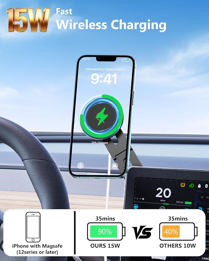Magnetic Tesla Phone Holder, MagSafe Laptop Phone Mount for iPhone 17/16/15/14/13/12 Pro Max, Car Magnetic Phone Mount for Tesla Model 3/ ModelY/X/S (Black)