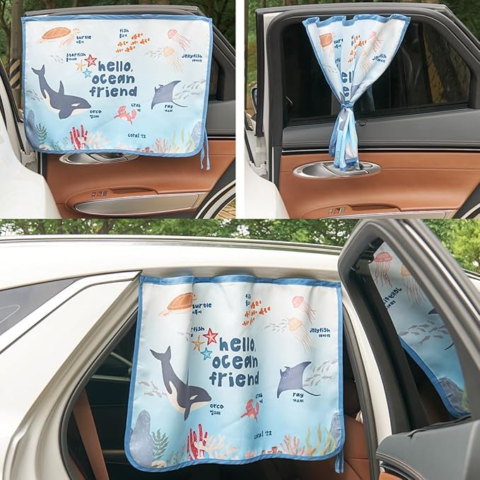 Magnetic Car Sun Shade Curtain for Side Window – Sun Blocker and UV Protector for Baby, Kids, and Pets – Universal Fit with Built-in Magnets for Steel-Framed Door (Magnet-New Ocean Friends)