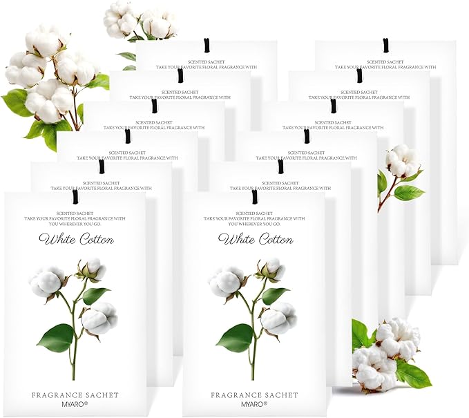 MYARO 12 Packs Scent Sachets for Closet Clothes Storage - White Cotton Fragrance Long Lasting Home Air Freshener Odor Deodorizer