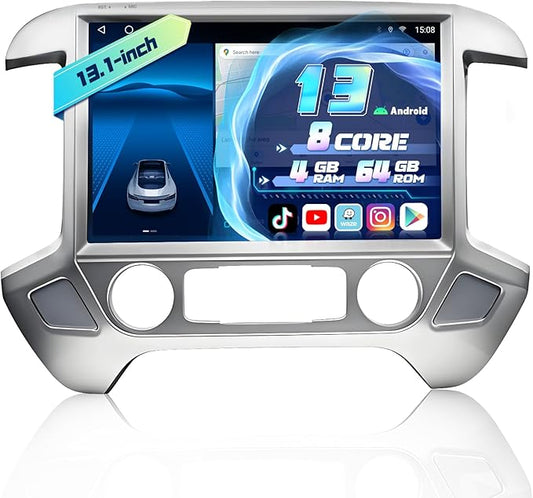 13.1 Inch 8Core 4+64G Car Radio for Chevy Silverado GMC Sierra 2014-2018 5Ghz WiFi 2K Screen Silverado Radio Wireless CarPlay Android Auto BT GPS 48EQ FM/RDS Backup Camera MIC,Silver