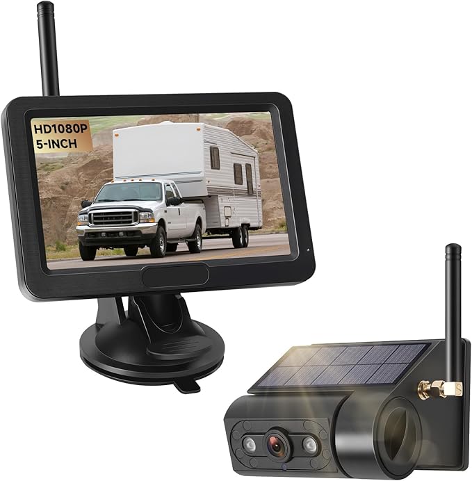 Magnetic Solar Wireless Backup Camera with 5” HD Monitor No Wiring Rechargeable Battery IP68 IR Night Vision Rearview Camera System for Car RV Truck 5th Wheels Skid Steer Horse Trailer Hitch Camera