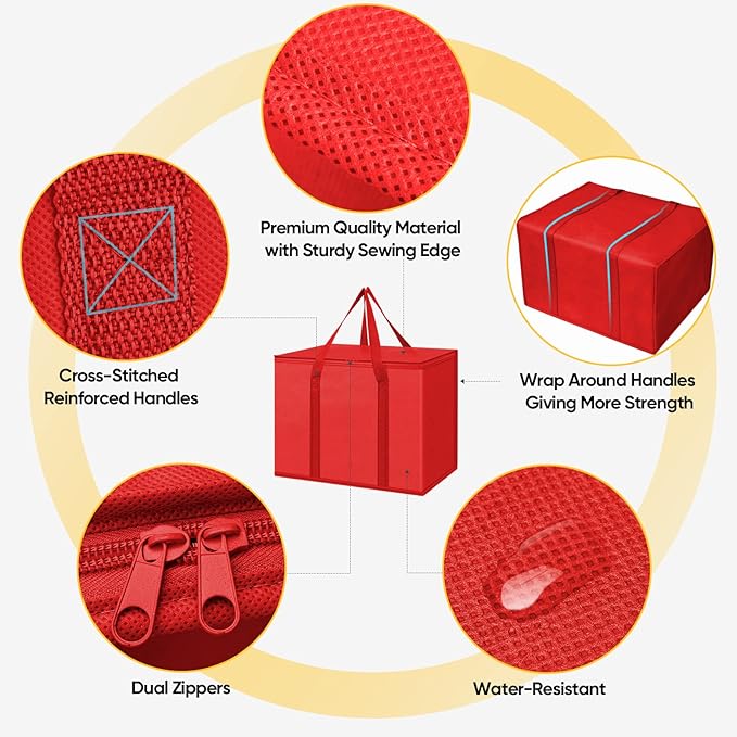 BALEINE 2Pk Insulated Reusable Grocery Bags, Collapsible Cooler Bag for Groceries, Heavy Duty Large Insulated Bag (16''x9''x13'', Bright Red)