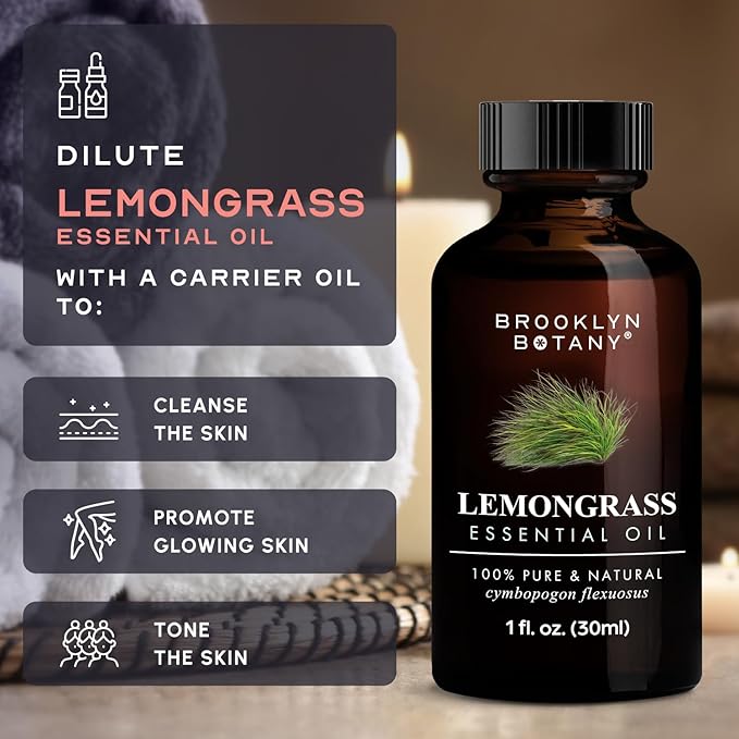 Brooklyn Botany Lemongrass Essential Oil - 100% Pure and Natural - Premium Grade Oil with Dropper - for Aromatherapy and Diffuser - 1 Fl Oz