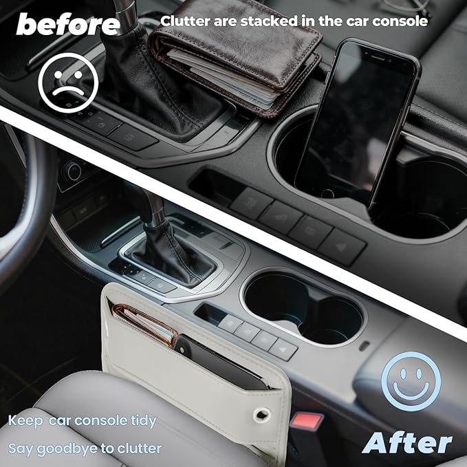 2-Pack Car Seat Gap Filler Organizer - Upgraded Anti-Slip Strap Design - Premium Leather Side Console Pocket - Prevent Phone Falling - Universal Fit Car Essentials for SUV, Truck & Sedan,Beige