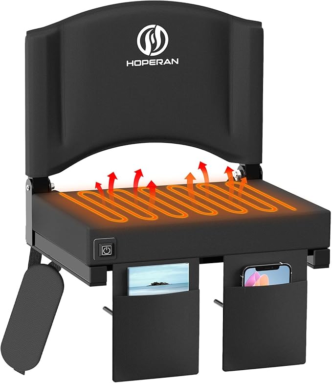 HOPERAN Heated Stadium Seats for Bleachers with Back Support, 3 Levels Heating Bleacher Chairs with Back and Cushion, Folding Bleacher Seat, Lightweight Portable Stadium Chair with Shoulder Strap