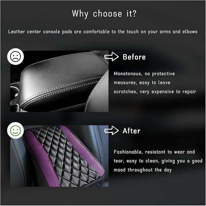 Car Center Console Cushion Pad, Universal Leather Waterproof Armrest Seat Box Cover, Comfortable Auto Armrest Cover Protector, Car Interior Decor Accessories for Most Vehicles (Purple)