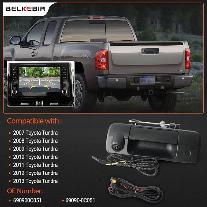 Tailgate Handle Backup Camera Compatible with 2007-2013 Toyota Tundra, Tailgate Latch Door Handle with Rear View Reverse Camera RCA Connector Backup Kit Replaces# 81214, 690900C051, 69090-0C051