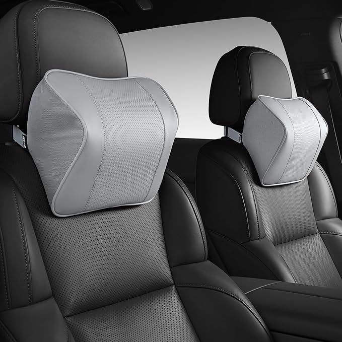 Quintor Genuine Leather Car Neck Pillow,Memory Foam Headrest Cushion, Ergonomic Cervical Support for Tesla Model 3/Y/X, Lexus, BMW- Breathable & All-Season Soft (2 PC)