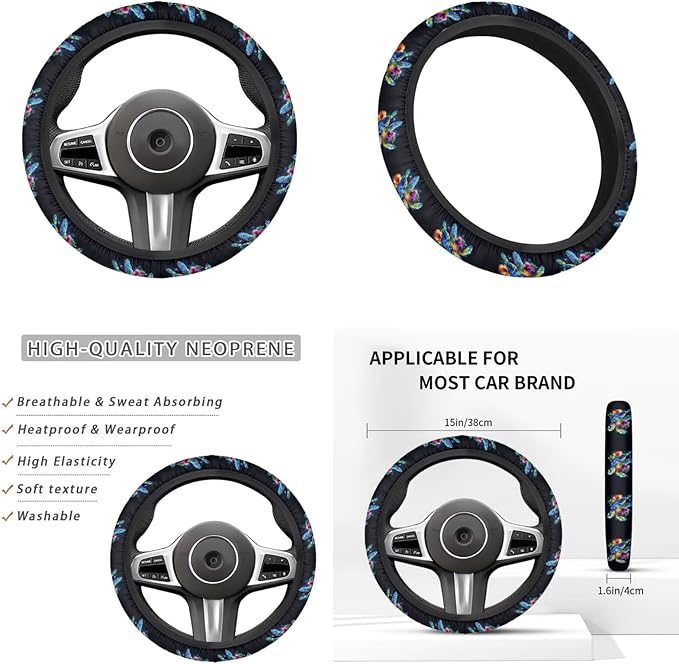 Sea Turtle Print Car Steering Wheel Cover Set for Men Women Colorful Turtle Cars Interior Decor Handbrake Cover Cup Coaster Fit for SUV Truck Vans