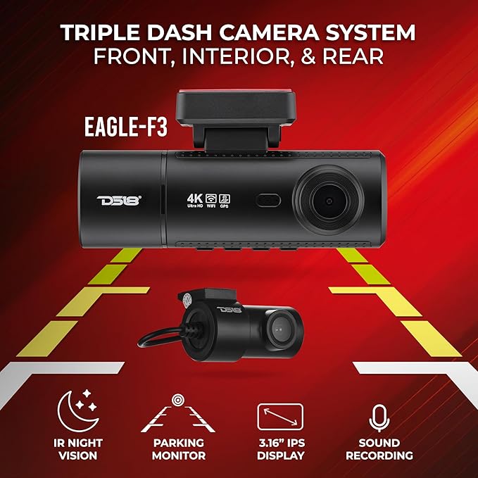 DS18 Eagle-F3 4K Dash Cam Triple Front Cabin and Rear, WiFi GPS Dash Cam with Night Vision, 24/7 Parking Mode, G-Sensor, Loop Recording, Includes 64GB microSD Card
