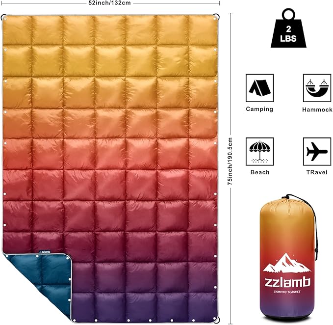 zzlamb Camping Blanket for Cold Weather,Outdoor Puffy Blanket Portable Down Alternative,Windproof Warm Cloak with Snaps,Cozy Quilt Backpacking Picnic RV Travel Plane Car Hammock Beach Climbing