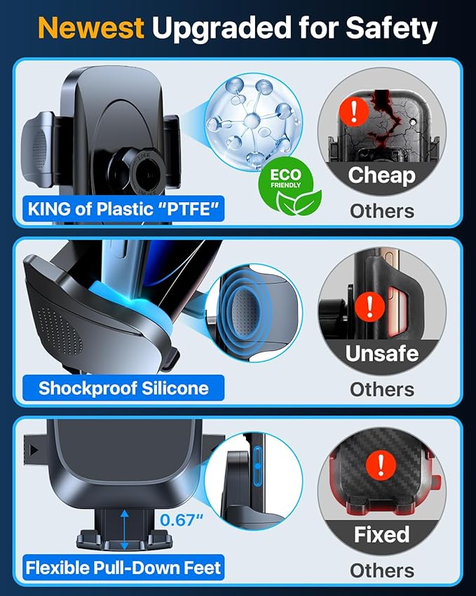 HTU [True Military-Grade Car Phone Holder [2025 Upgraded Strongest Suction & Vent Clip] Cell Phone Car Mount for Dashboard Windshield Vent Truck Cradle Dash Stand,(Black)
