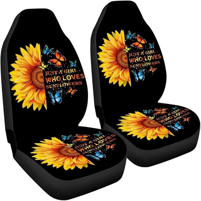 BIGCARJOB Sunflower Print Car Seat Cover Set for Front Seat Only,Sunshine Sunflower Auto Front Seat Protector Full Set Butterfly Car Interior Accessories,Universal Fit
