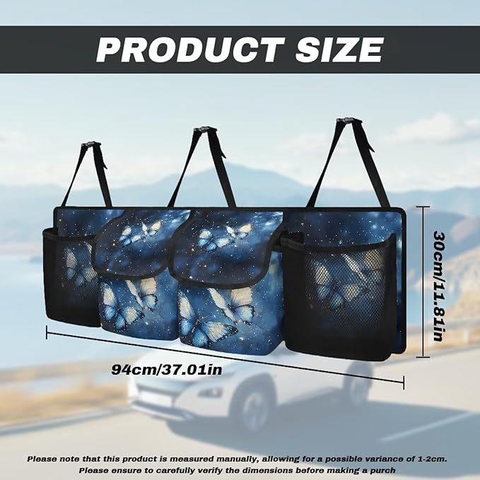 Blue Butterfly Print Car Trunk Organizer, Hanging Car Back Seat Storage Bag Multipurpose Auto Trunk Organizer Universal Automotive Trunk Storage Accessories