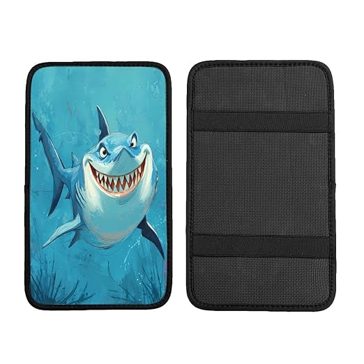 Shark Blue Cartoon Car Auto Armrest Cushion Cover Accessories Center Console Seat Box Pad Protector Universal Decoration for Most Vehicle SUV Truck