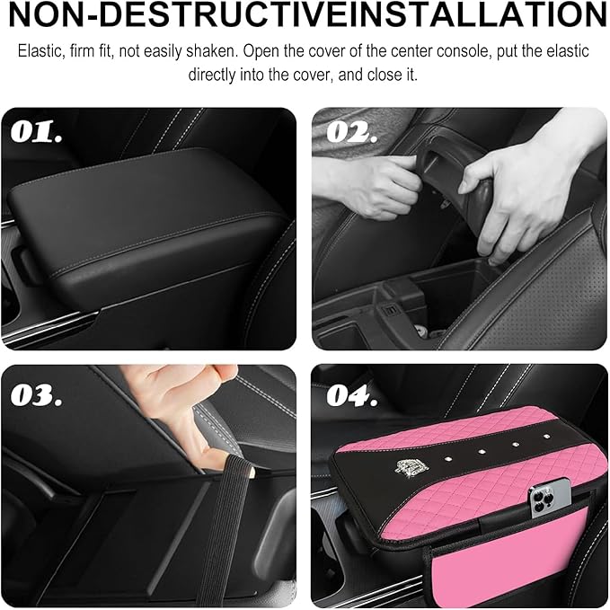 NBTEPEM Bling Crown Car Center Console Armrest Cover, Leather Middle Console Cover Cushion with 2 Storage Bags, Car Armrest Storage Box Interior Accessories for Most Vehicles(Pink)