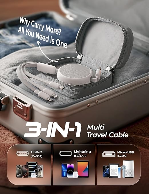 LISEN Multi Charging Cable, 3 in 1 Charging Cable, Retractable Car Charger with Type C/L/Micro USB Ports for iPhone 16 15 14 Pro Max/Samsung Galaxy S25/PS/Kindle, Multi Chargers for All Devices, White