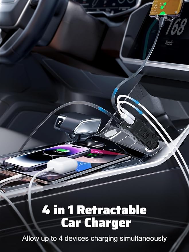 Retractable Car Charger with Retractable Cables (31.5 inch), 4 in 1 Super Fast Car Phone Charger, 2 USB Ports Car Charger Adapter, Compatible with iPhone 15 14 13 12 11 Pro Max, iPad, Pixel