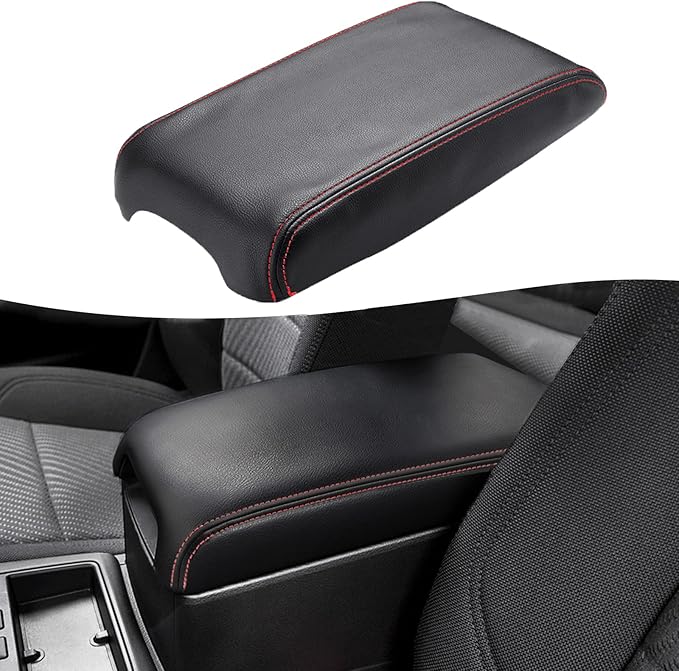 KBH Center Console Armrest Cover Replacement for Toyota Camry 2012 2013 2014 2015 2016 2017, Vinyl Leather Arm Rest Skin Upholstery, Black-Red Stitch (Leather Part Only)