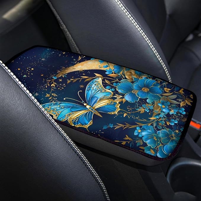 UNICEU Auto Interior Decor Armrest Cover Pad Moon Night Blue Butterfly Print Neoprene Soft Car Center Console Armrest Cushion Cover, Universal