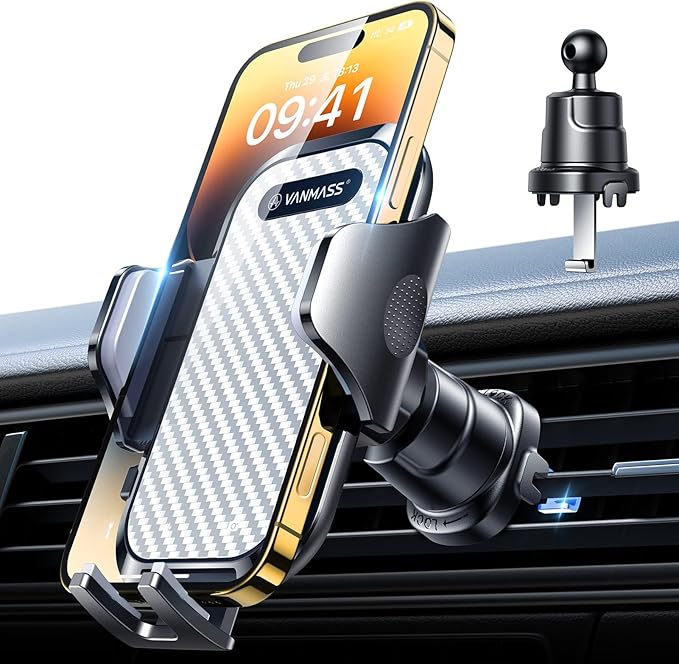 VANMASS Phone Holders for Your Car Ultimate Military-Grade Car Phone Holder Mount【Patent & Safety Certs】Upgraded Shockproof Truck Air Vent Phone Mount for iPhone 17 Pro Max 16 Samsung Android,Silvery
