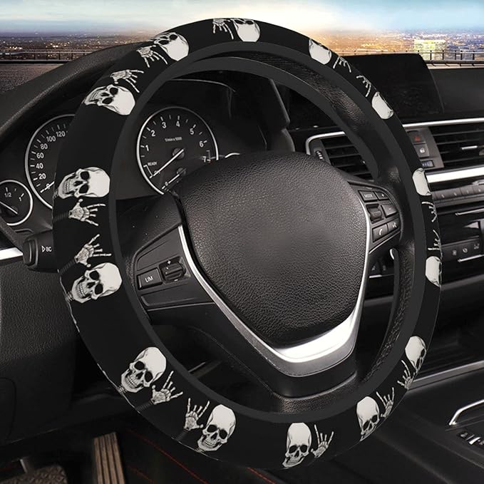 Rock and Roll Skull Steering Wheel Cover Men, Comfortable Elastic Steering Car Wheel Cover Fit 15 inches Universal Accessories Suvs Trucks Decor