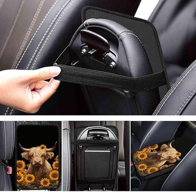 Highland Cow Print Car Center Console Pad Sunflower Print Armrest Seat Box Cover Protector for Auto Interior Decor Dust-Proof Universal Neoprene Armrest Pad