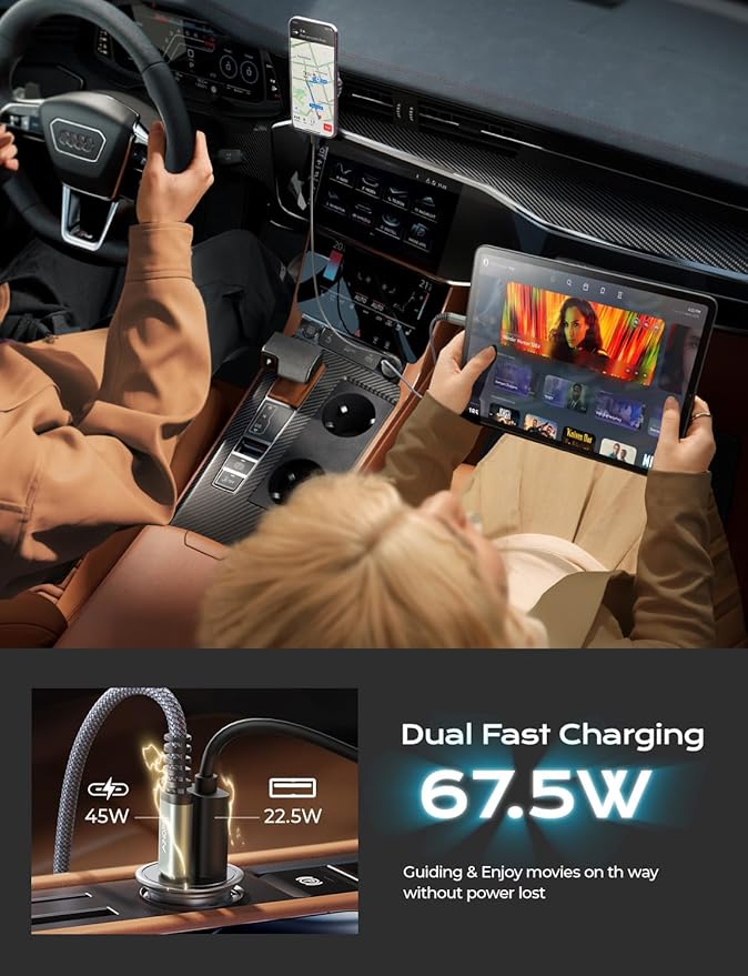 AINOPE 67.5W Car Charger USB C Fast Charging【Mini & Metal】[+ 6.6 FT Type-C Cable] Dual Port PD/QC3.0 Cigarette Lighter USB Charger Adapter for iPhone 17 Pro Max 16 15 Air Samsung Android, Black