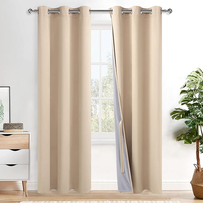 XWZO Total Blackout Curtains 84 Inches Long - Thermal Insulated, Noise Reducing and Heat Blocking Drapes for Hall and Studio Windows with Tiebacks, Biscotti Beige, W42 x L84, Set of 2