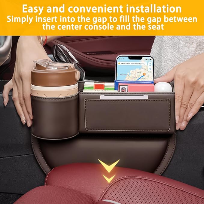 Leather Car Seat Gap Filler Organizer, Adjustable Vehicle Side Gap Storage Box, Auto Front Seat Crevice Catcher for Phones, Glasses, Keys, Universal for SUV, Sedan, Truck (Brown)