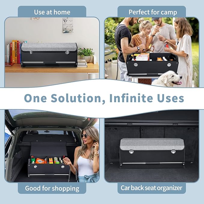 XCF SUV Trunk Organizer, Collapsible Car Trunk Organizer with Lid and Sturdy Handle Car Trunk Leather Storage Box SVU Cargo Storage (Grey, 27.1 x 11.4 x 12.2in)