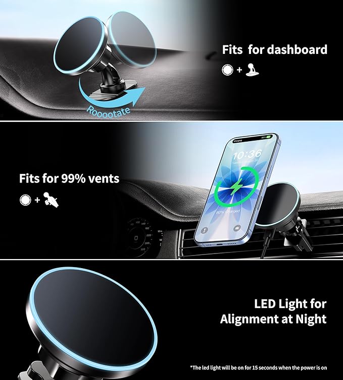 BHHB for Magsafe Car Mount Charger, [2026 Upgrade] 15W 2in1 Magnetic Wireless Car Charger, fits for Magsafe Car Charger, Vent/Dashboard Phone Holder for iPhone 17 16 15 14 13 12 Series(Cyan)