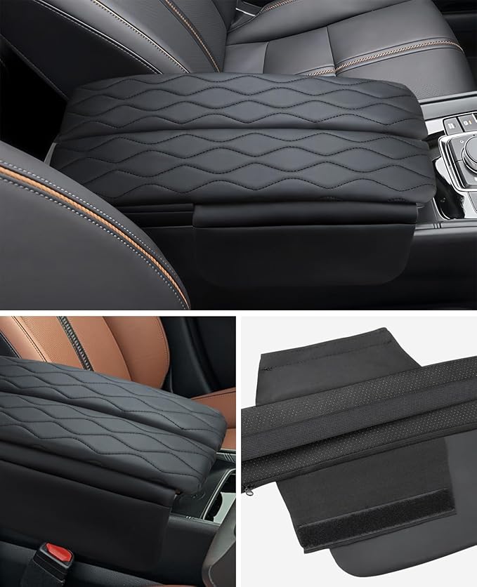 INTGET Center Console Cover for Mazda CX5 Accessories 2026/CX50 CX-50 2023 2024 2025 2026 Car Interior Leather Armrest Arm Rest Lid Cushion Pad Protector (2023+, Black Stitches with Pattern)