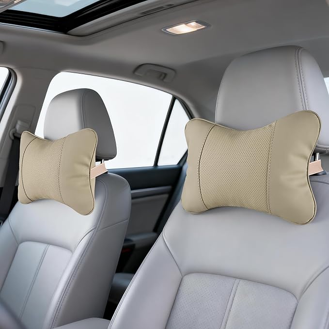 2 Pack Car Neck Pillow Soft Breathable Headrest Pillows for Driving Support, Universal Fit for Most Car Seats Decor Accessories（Beige White）