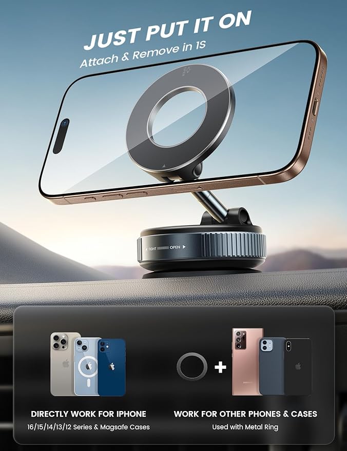Lamicall Car Phone Holder - [70 LBS Strongest Suction] for Magsafe Car Mount, 360° Suction Cup Phone Mount Dashboard Windshield Vacuum Magnetic Phone Holder for Car fit iPhone 17/16Pro Max Mothers Day