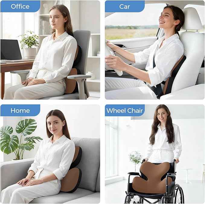 BEBAS Lumbar Support Pillow for Car, Ergonomic Memory Foam Back Cushion for Driving, Lower Back Support for Pain Relief, Lumbar Cushion for Car Seats, Office Chairs, Wheelchairs - Coffee