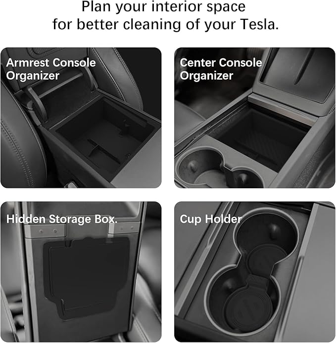 Center Console Organizer Tray for Model Y Juniper 2025 2026 & Model 3 Highland (2024-2026), Double-Layer Sliding Hidden Armrest Storage Box, Tesla Accessories (Matte Black)