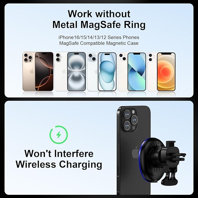 15W Magnetic Car Mount Wireless Charger for Samsung Galaxy S26 Ultra S25FE Z Fold7/Flip7 S24 S23Plus S22 S21 iPhone 17e 17 Pro Max 16e 16Plus 15,MagSafe Wireless Charger Air Vent Auto Car Phone Holder