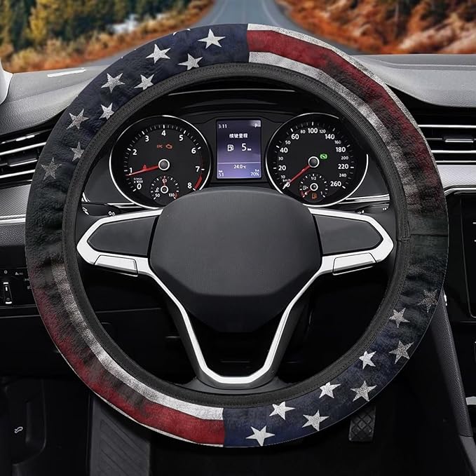 SEANATIVE Vintage American Flag Car Steering Wheel Cover, Anti-Slip, Safety, Soft, Breathable, Universal Car Steering Wheel Dust Cover, Easy to Disassemble